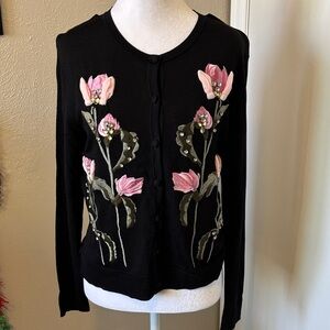 Pink Magnolias Floral Embroidered Black Sweater size PM